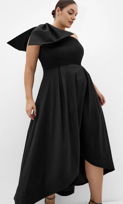 Burgundy One‑Shoulder Bow High‑Low A‑Line Plus Size Wedding Guest Dress