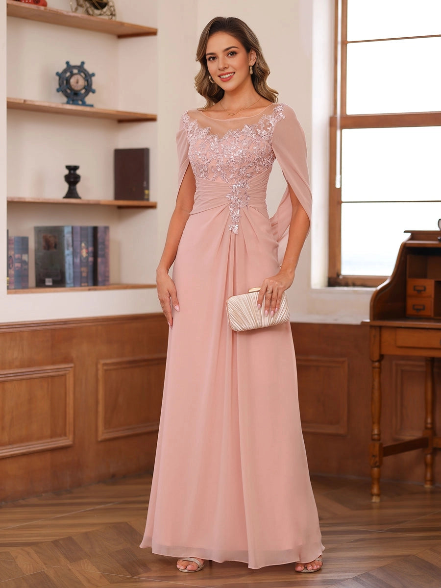 Ruched A-Line Bateau-Neck Cape-Sleeve Keyhole-Back Floor-Length plus size Mother Of Bride Dress