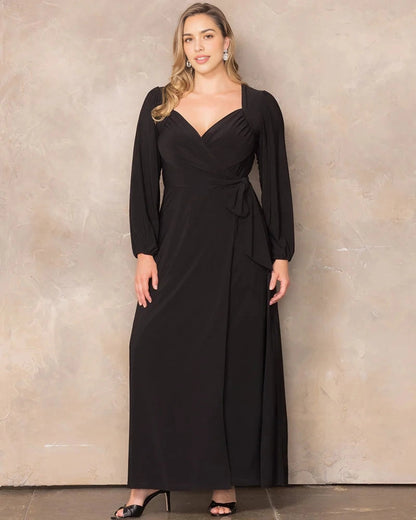 Plus Size Elegant A-Line V-Neck Long Sleeve Closed Back Maxi Wedding Guest Dress
