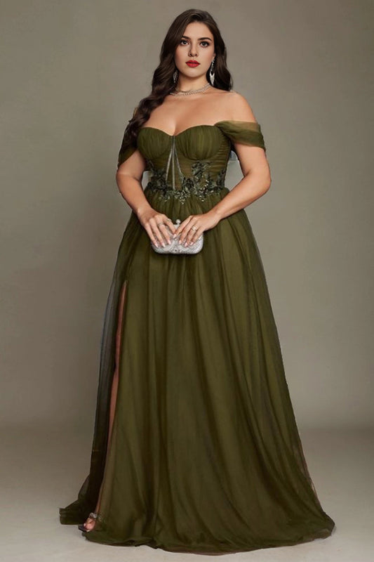 Roselledress olive green plus size a‑line prom dress off‑the‑shoulder tulle corset evening gown with appliques and high slit