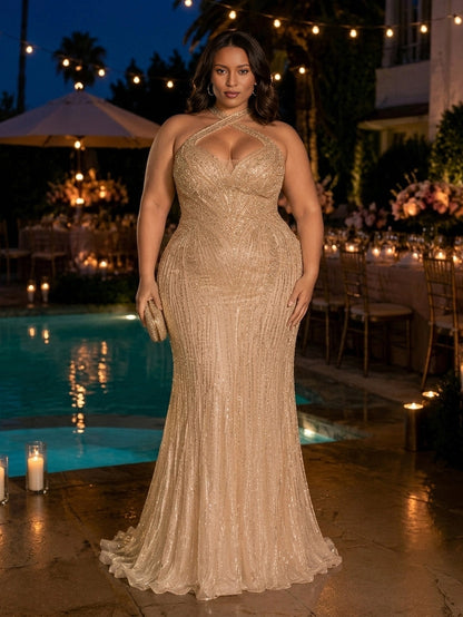 roselledress gold glitter beaded halter neck mermaid plus‑size prom dress front view
