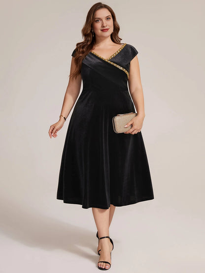 Plus Size Navy Velvet A-Line V-Neck Cap Sleeve Tea-Length Wedding Guest Dress