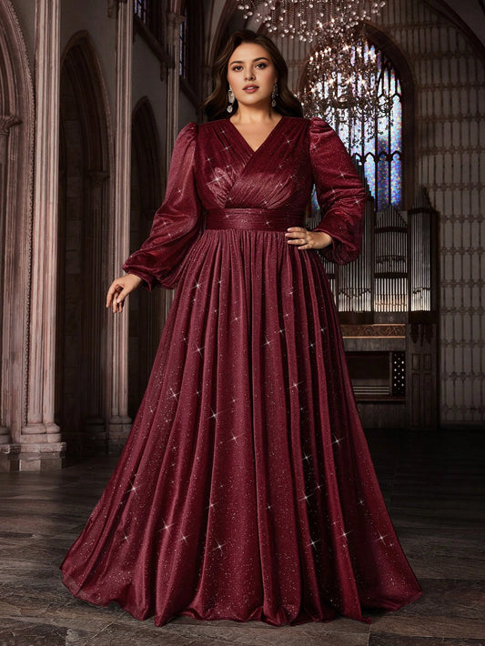 Roselledress plus size burgundy glitter a‑line prom dress v neck bishop long sleeve floor length front view