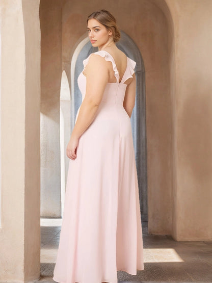 Back view RoselleDress pale pink curvy chiffon formal dress deep V ruffle back zipper floor length a-line maxi dress