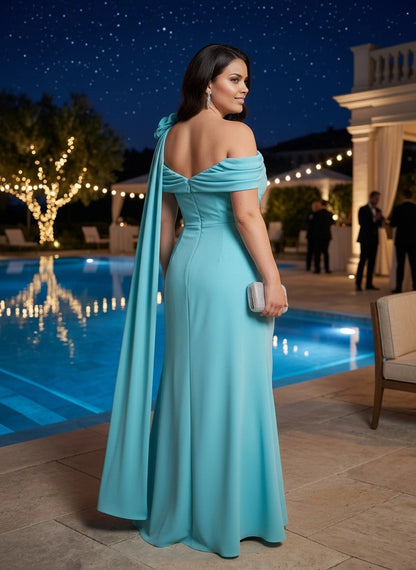 roselledress cape train zip‑back turquoise formal evening gown rear view
