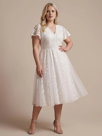 A-Line V Neck Flutter Sleeve Back Zipper Midi Length Plus Size Sequin Lace Wedding Guest Dress