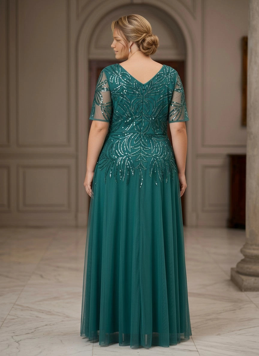 Roselledress green tulle sequin formal dress back view, v-back zipper plus size floor length wedding guest gown
