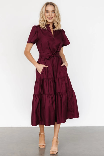 Modest A-Line Stand Collar Puff-Sleeve Plain-Back Midi Mother Of Bride Dress
