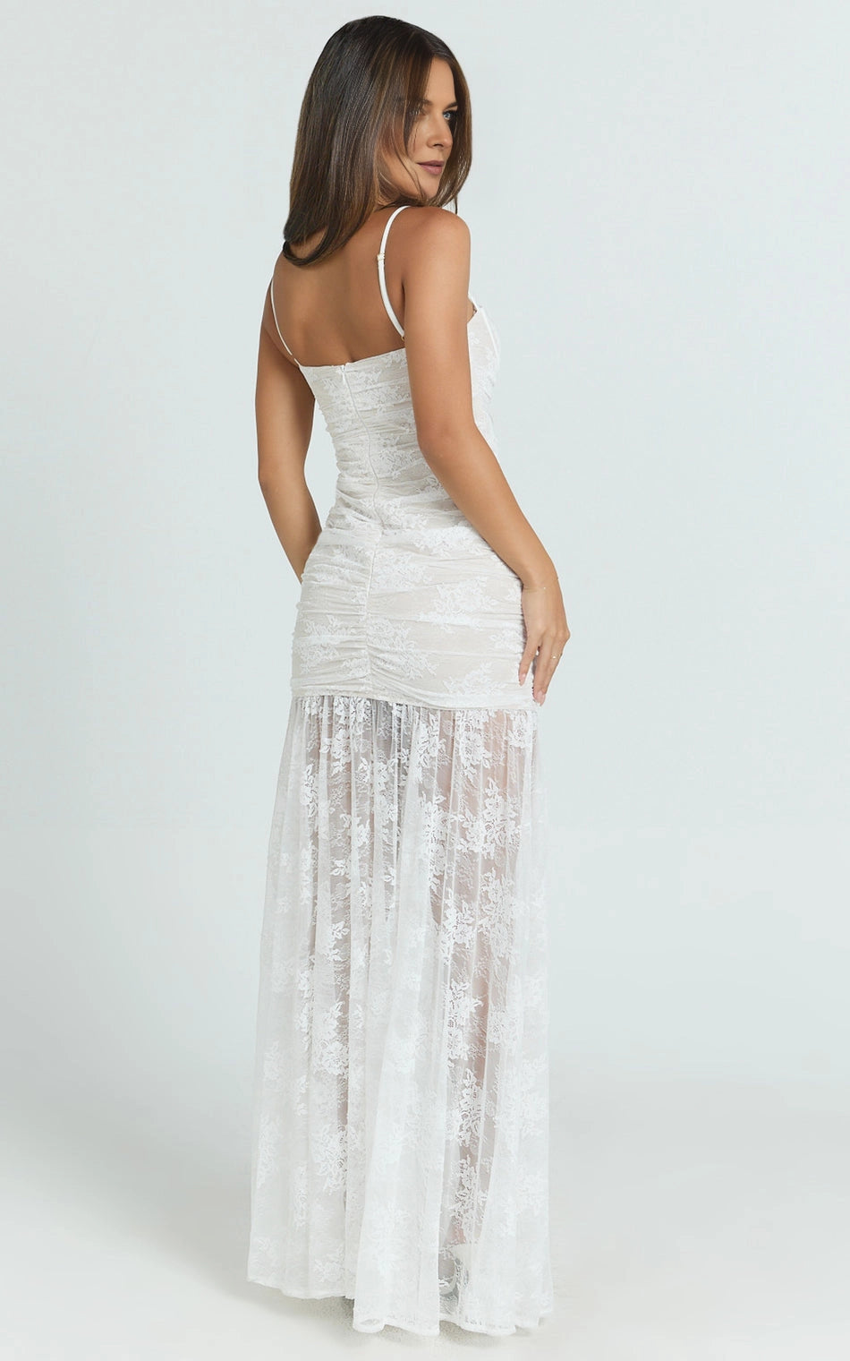 Roselledress adjustable strap lace formal dress plus size back zipper sheer maxi party dress back view