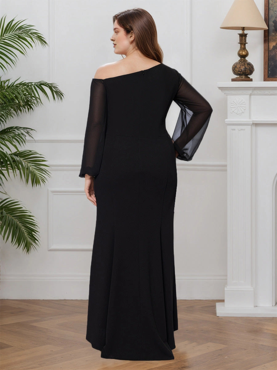 Back view Roselledress black one‑shoulder mermaid gown closed back plus size wedding guest long dress
