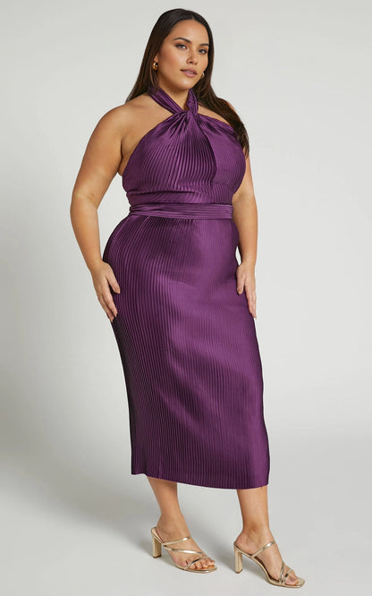 Glamorous Sheath Halter Sleeveless Tie‑Back Midi‑Length Plus Size Wedding Guest Dress