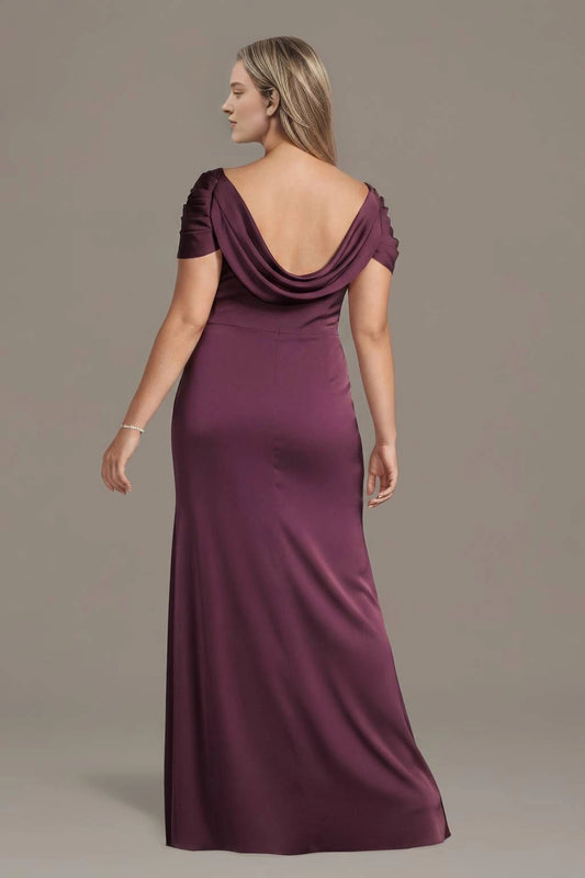 Plum plus size formal dress with elegant draped cowl back and floor-length skirt
