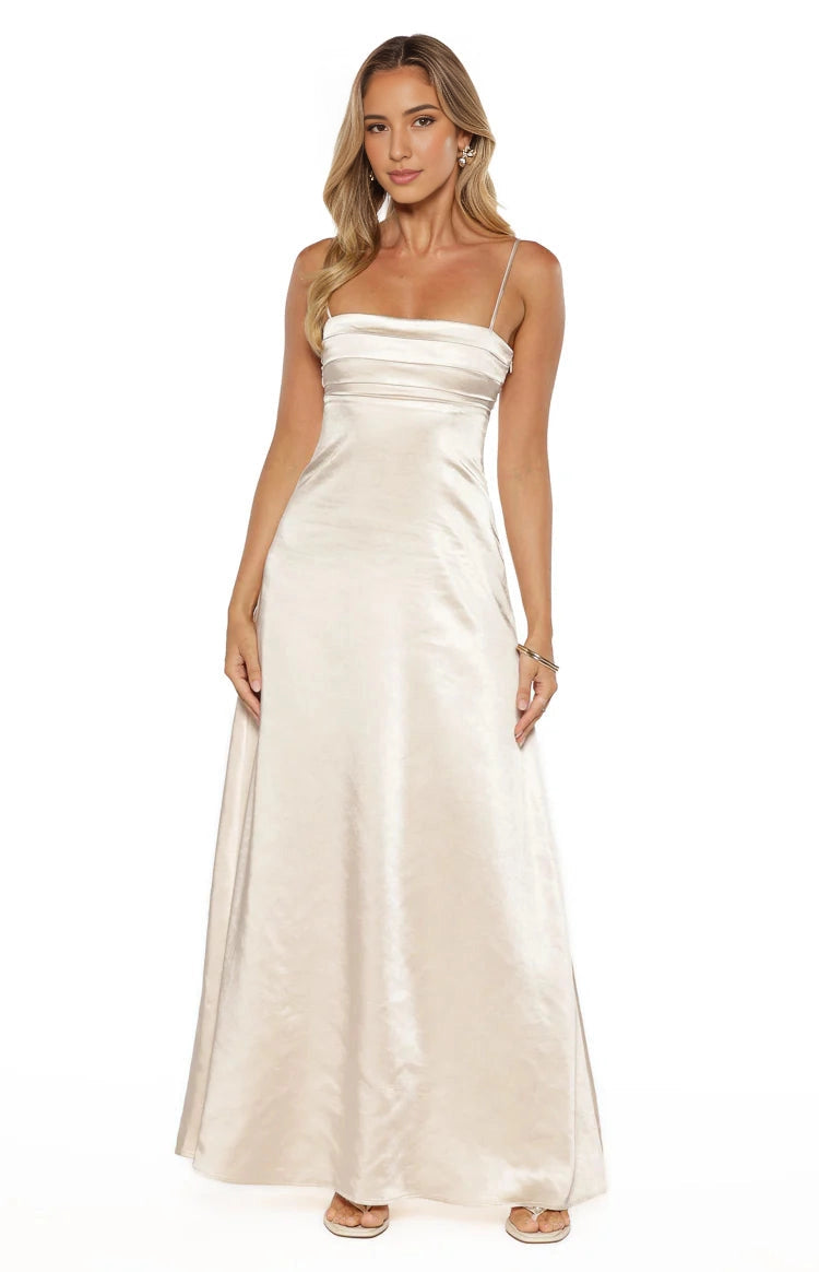 Ivory A-Line Square Neck Spaghetti Smocked Back Long Prom Dress