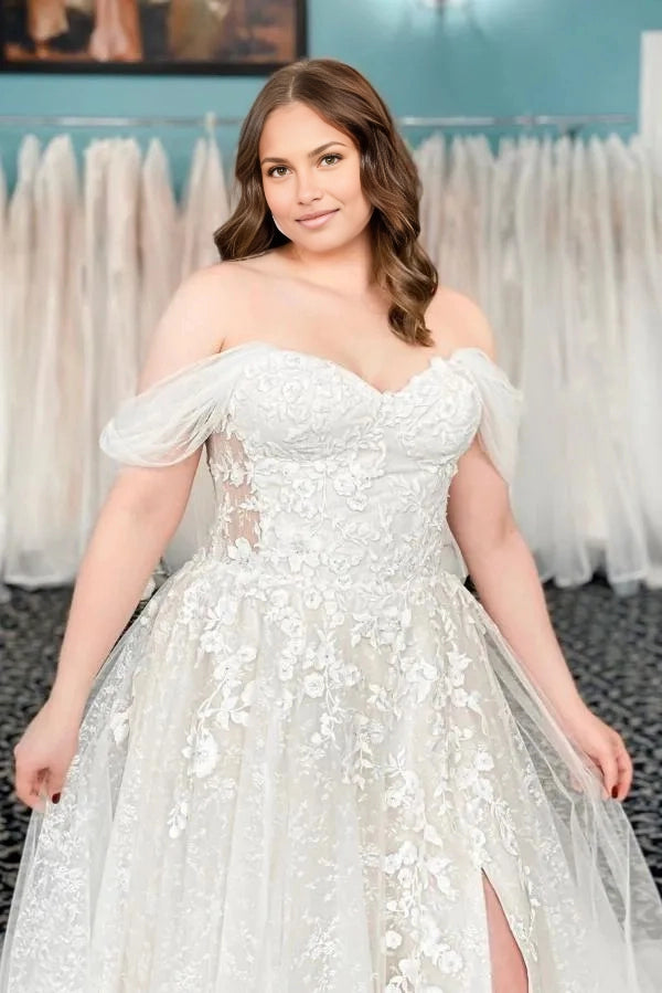 Romantic A‑Line Sweetheart Off‑Shoulder Tulle Sleeve Sheer Back Train Plus Size Wedding Dress