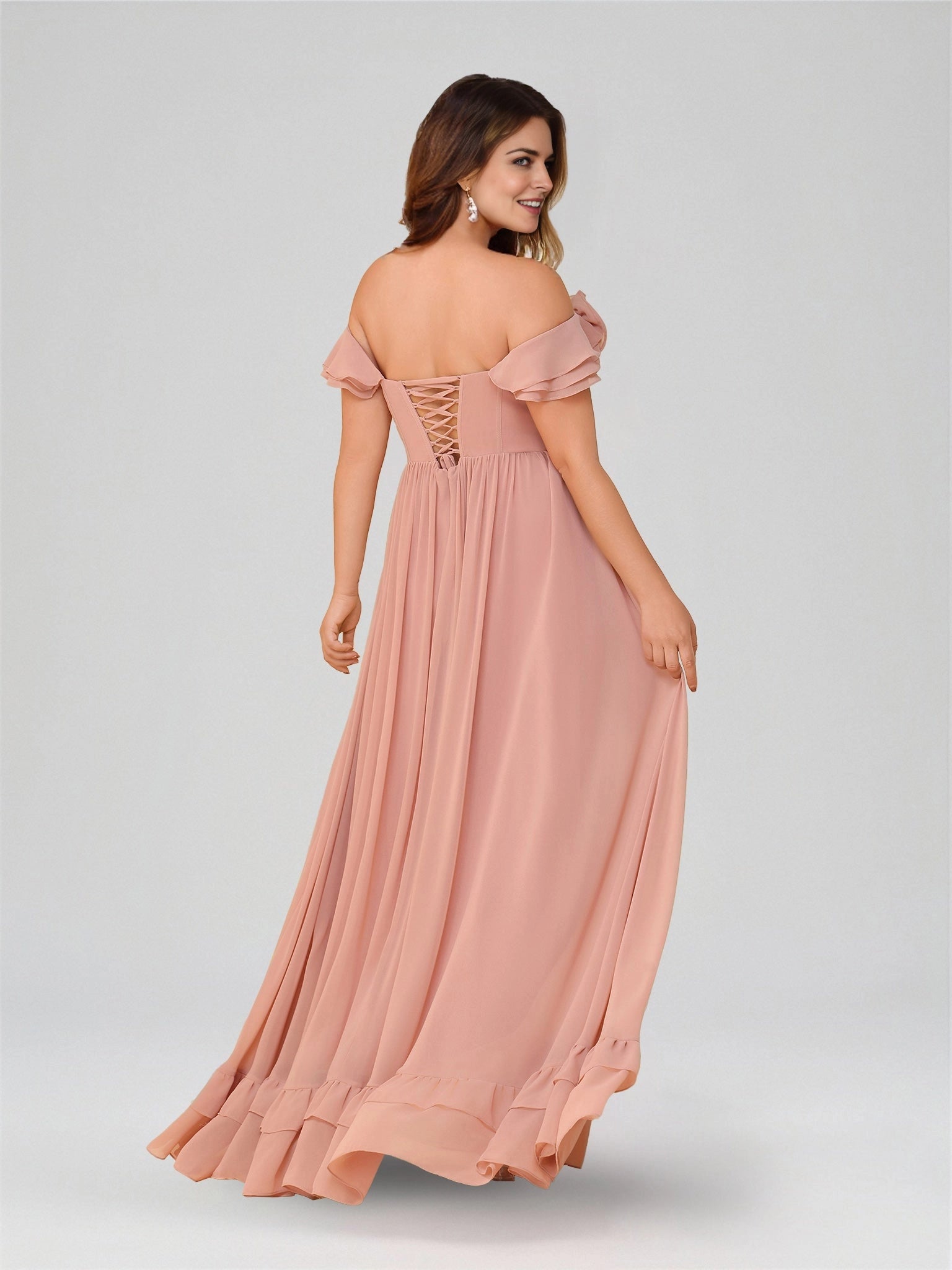 Roselledress chiffon maxi plus size dress back view, lace-up corset back off shoulder ruffle formal bridesmaid gown
