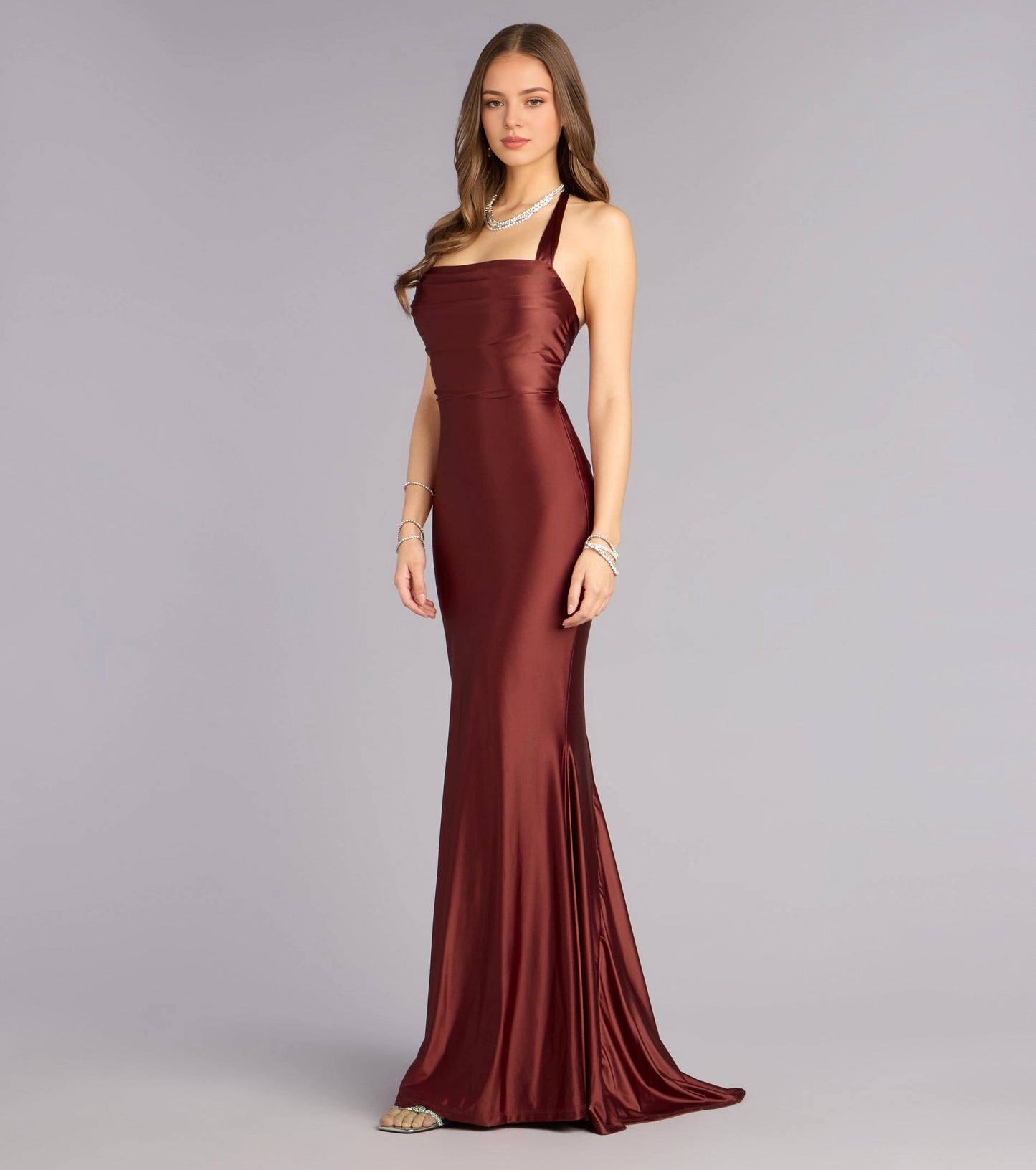Navy Satin Mermaid Halter Cowl Sleeveless Crisscross Lace Up Back Maxi  Prom Dress