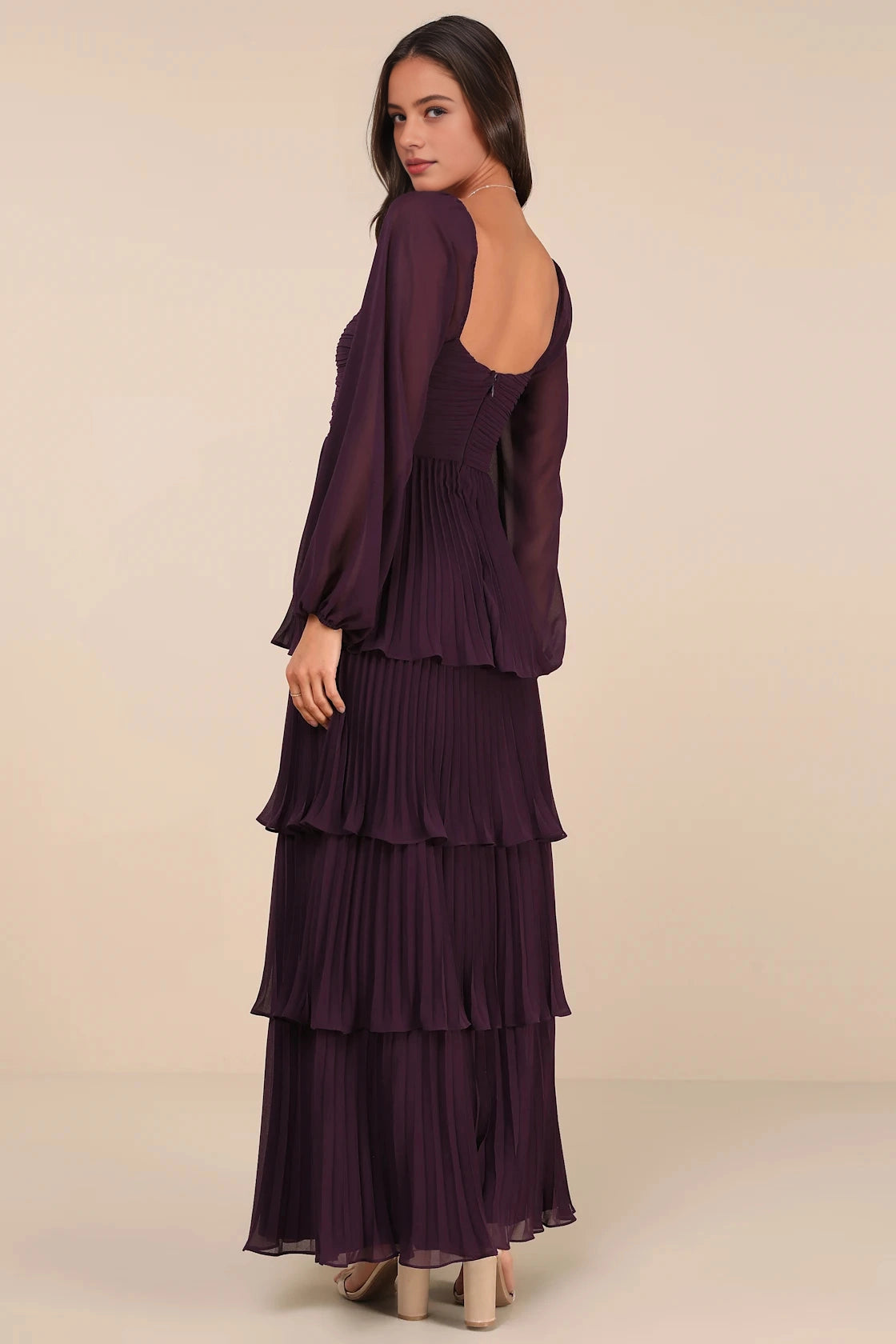 RoselleDress plain square open back plum pleated chiffon maxi gown long sleeve rear view