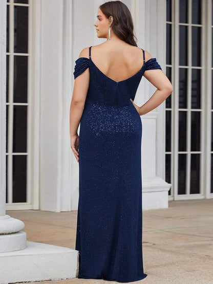 Glamorous Sheath V‑Neck Cold‑Shoulder V‑Back Floor‑Length Plus Size Wedding Guest Dress