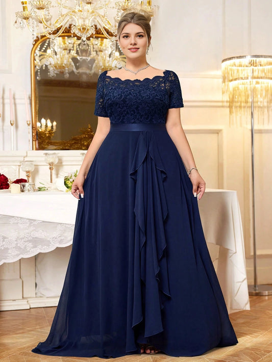 roselledress navy blue plus size a‑line mother of bride dress scalloped square neck short lace sleeve chiffon floor length formal gown for curvy women