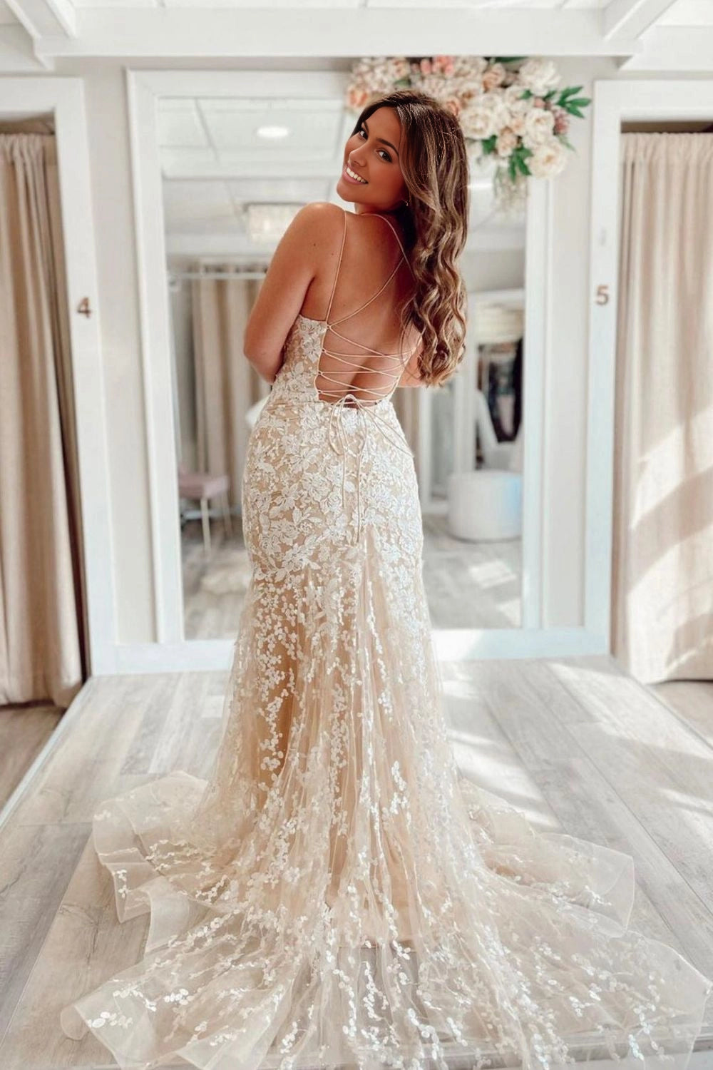 Roselledress champagne lace bridal dress open crisscross lace‑up back mermaid plus size wedding gown sweep train back view