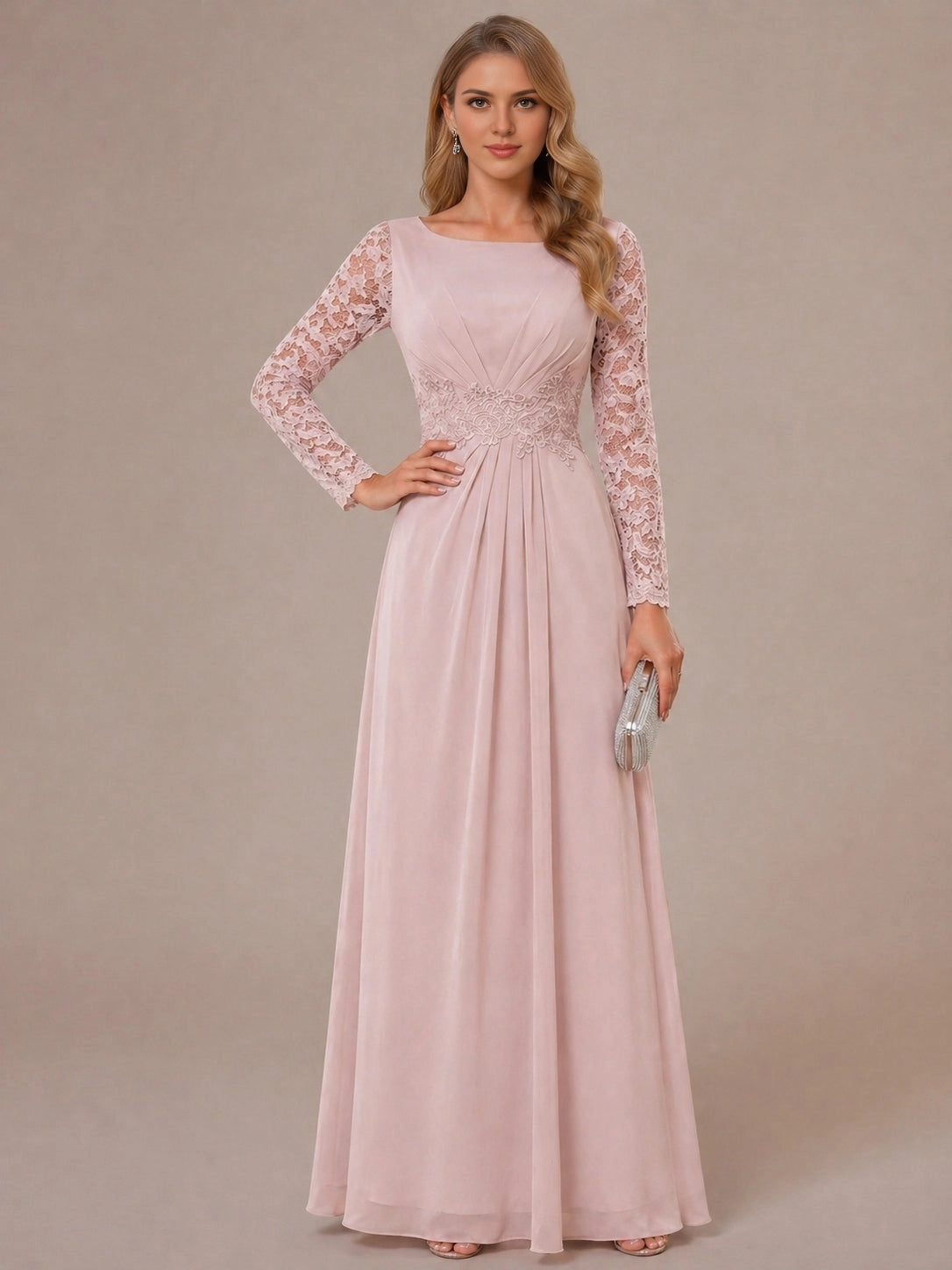 roselledress dusty pink lace long sleeve boat neck chiffon mother of bride long gown