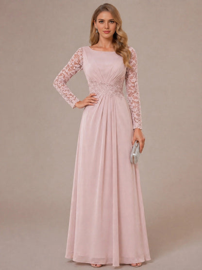 roselledress dusty pink lace long sleeve boat neck chiffon mother of bride long gown