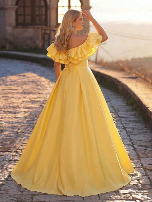 Roselledress plus size evening gown corset lace‑up back yellow satin ruffle formal dress rear view