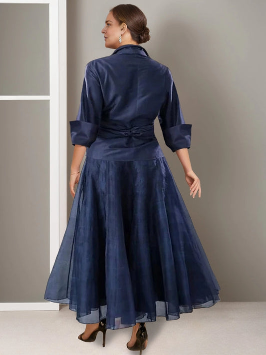 Roselledress navy satin midi plus size dress back view, ruched back waist layered a-line formal mother gown