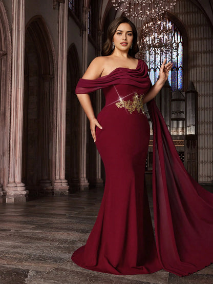 Plus Size Burgundy Mermaid One‑Shoulder Cape‑Sleeve Open‑Back Floor‑Length Prom Dress