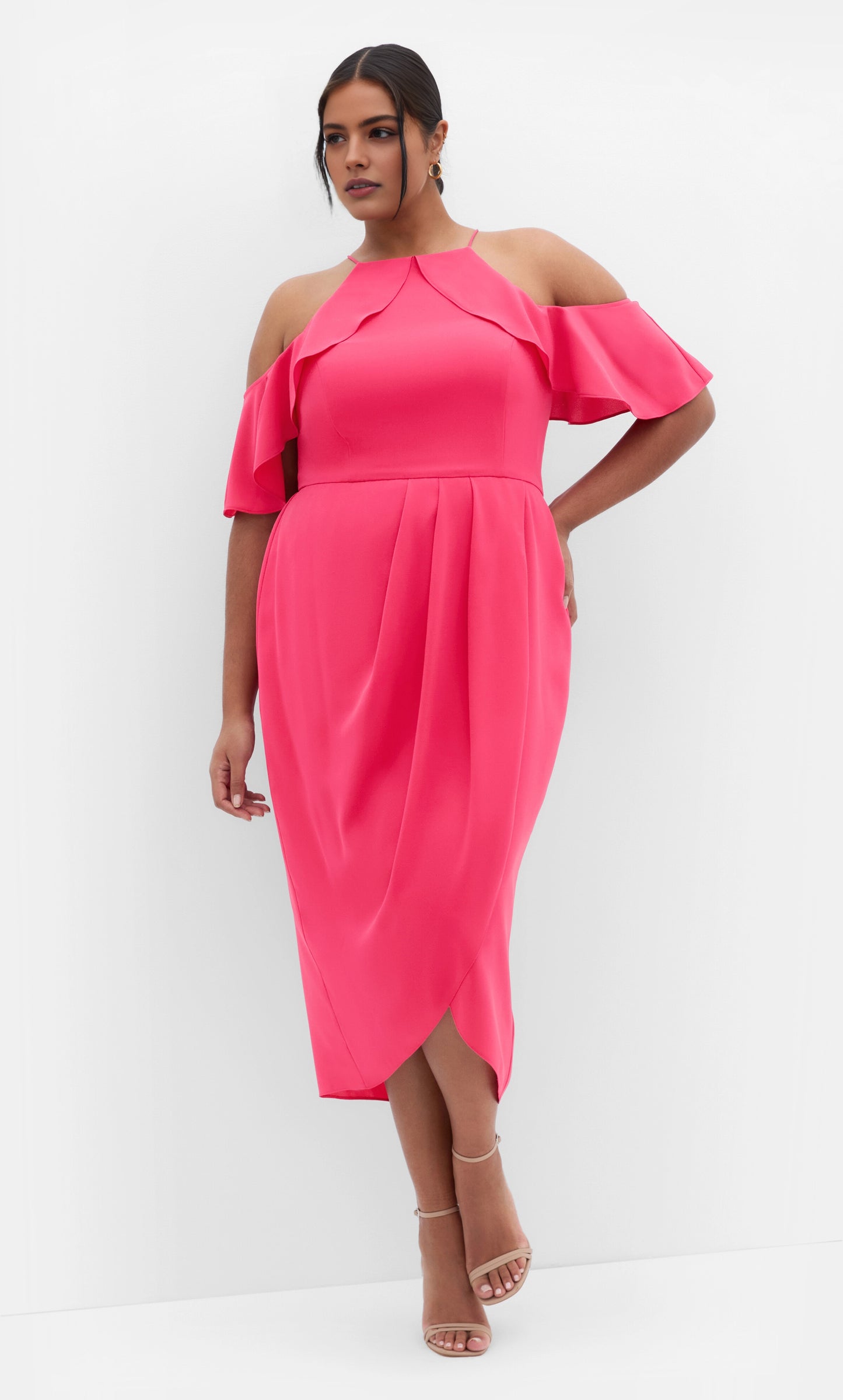 Chic Sheath Halter Cold‑Shoulder Flutter Sleeve Keyhole‑Back Midi Plus Size Wedding Guest Dress