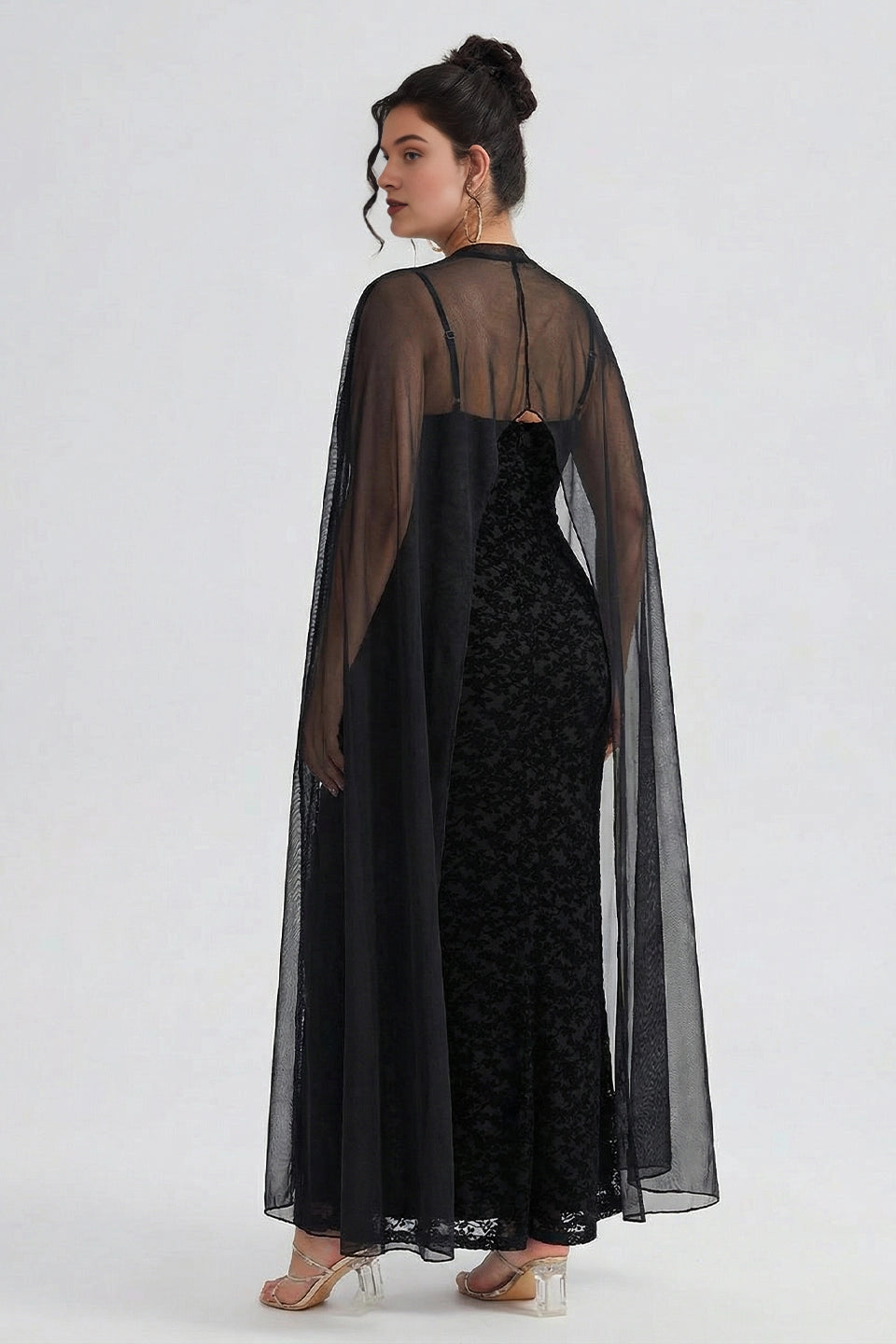 Black plus size keyhole back sheer cape sleeve flocked mesh long mother of the bride dress back view