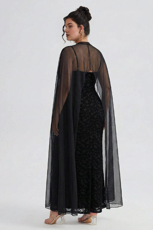 Black plus size keyhole back sheer cape sleeve flocked mesh long mother of the bride dress back view
