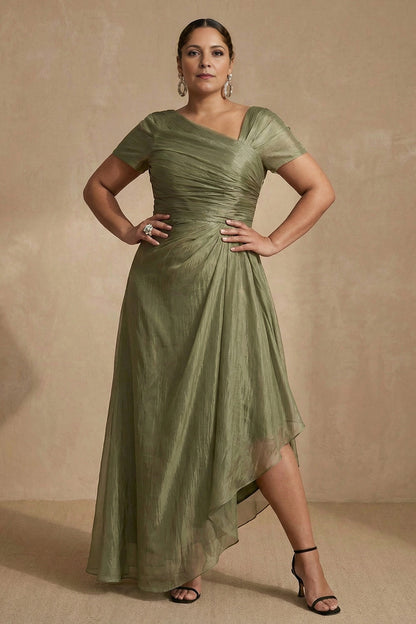 Elegant Plus Size A-Line V-Neck Cap-Sleeve Zipper-Back High-Low Weeding Guest Dress