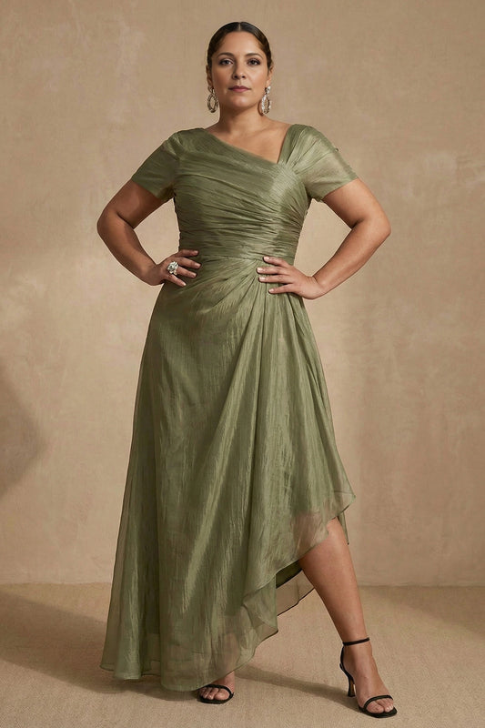 Elegant Plus Size A-Line V-Neck Cap-Sleeve Zipper-Back High-Low Weeding Guest Dress