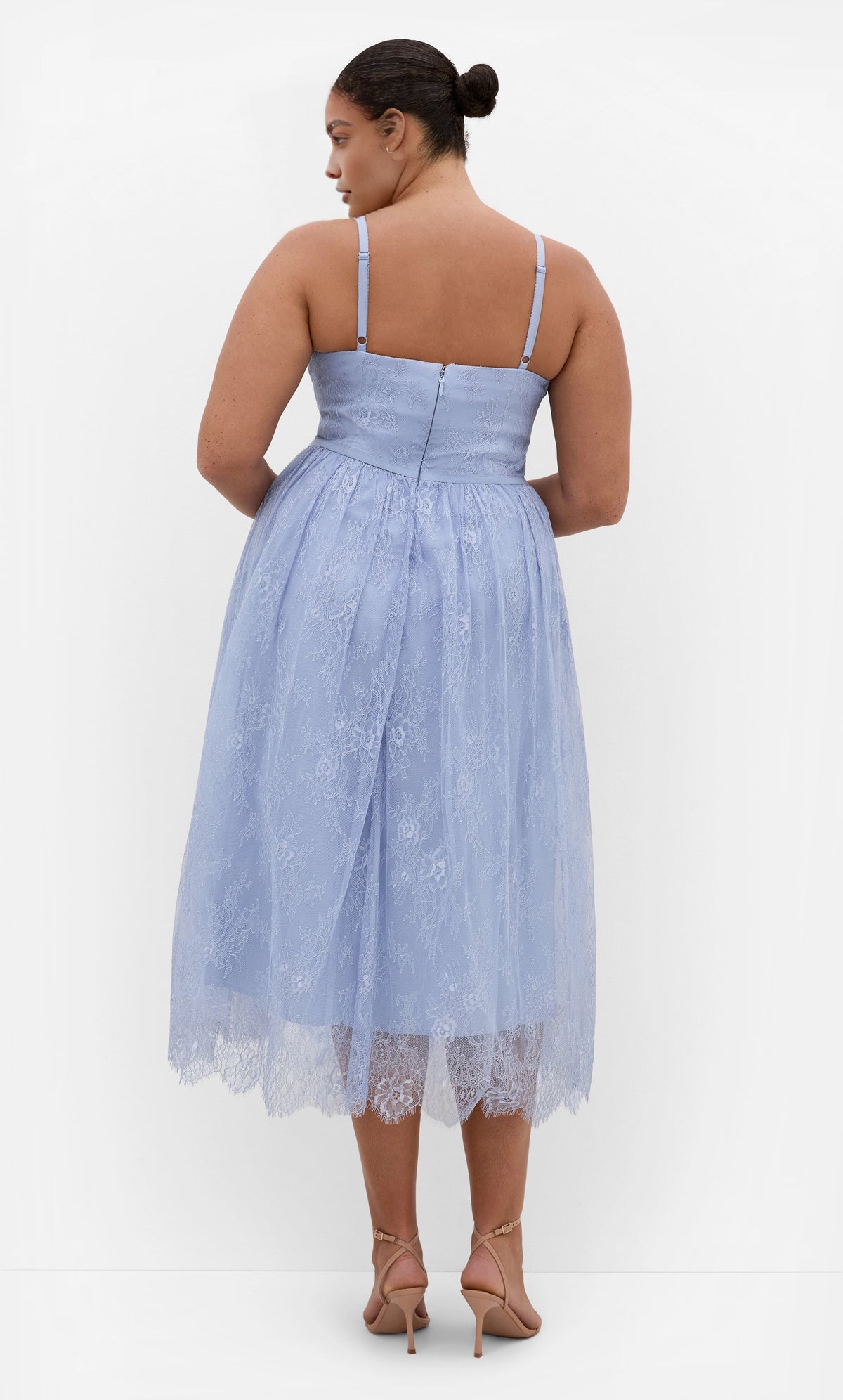 Roselle Dress plus size dusty blue lace formal guest dress, adjustable straps, midi lace hem back view