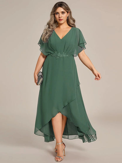 Roselledress Emerald lace waist flutter sleeve high low chiffon plus size wedding guest dress front view