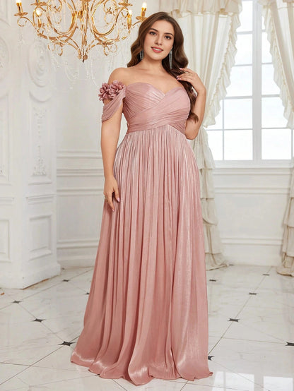 Plus Size Dusty‑Pink A‑Line Off‑The‑Shoulder Floral‑Sleeve Open‑Back Floor‑Length Prom Dress