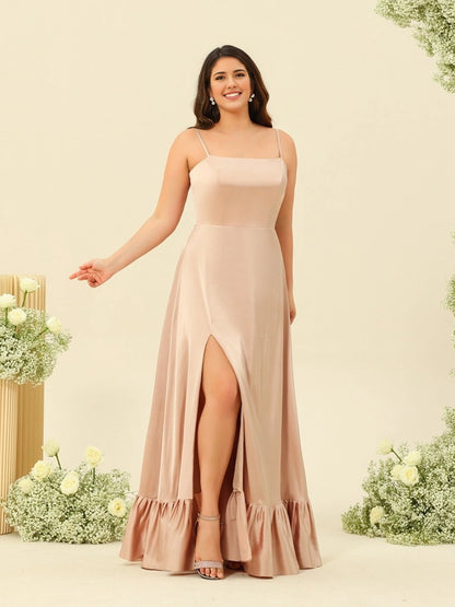 Champagne A-Line Square Neck Spaghetti Straps Lace-Up Back Slit Ruffle Satin Maxi Plus Size Mother Of The Bride Dress