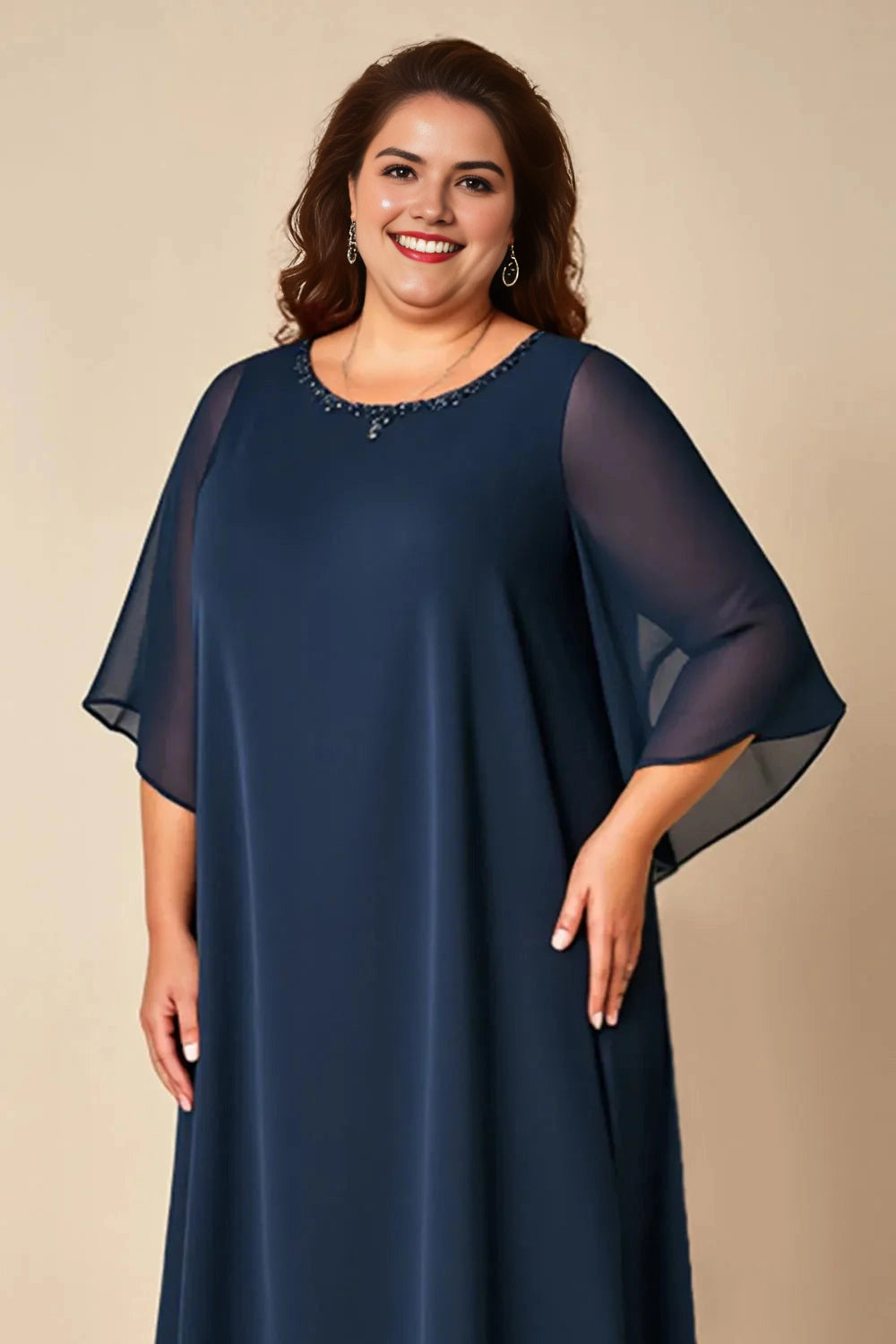 Modest Shift Round‑Neck Flutter‑Sleeve Solid‑Back Floor‑Length Plus Size Mother Of The Bride Dress