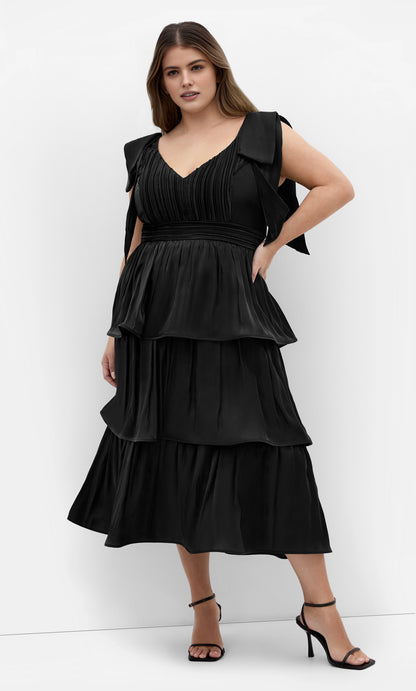 Glamorous Tiered V‑Neck Sleeveless Bow‑Back Midi Plus Size Wedding Guest Dress
