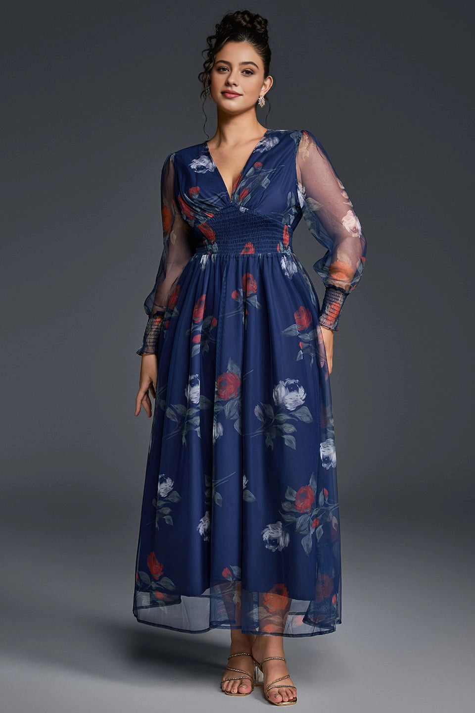 Flowy A-Line Deep V Sheer-Sleeve Plain-Back Midi Plus Size Floral Mother Of Bride Dress