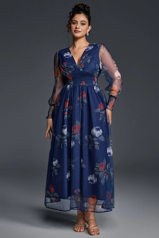 Flowy A-Line Deep V Sheer-Sleeve Plain-Back Midi Plus Size Floral Mother Of Bride Dress