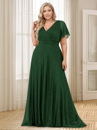 Charming A-Line V-Neck Flutter Sleeve V-Back Floor Length Plus Size Mother Of The Bride Dress