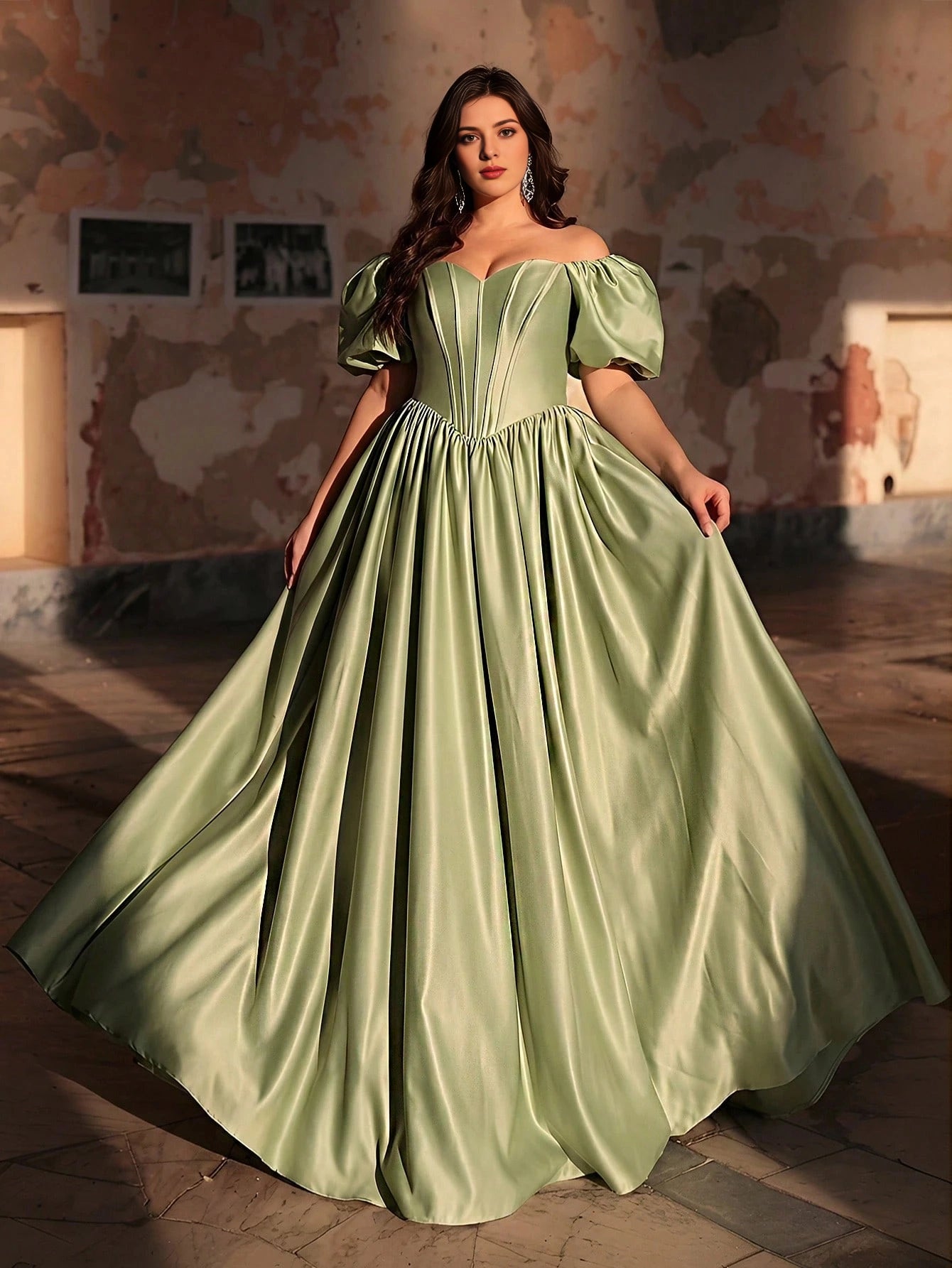 Plus Size Sage‑Green A‑Line Off‑The‑Shoulder Puff‑Sleeve Corset‑Back Floor‑Length Prom Dress