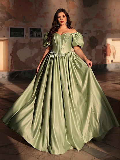 Plus Size Sage‑Green A‑Line Off‑The‑Shoulder Puff‑Sleeve Corset‑Back Floor‑Length Prom Dress
