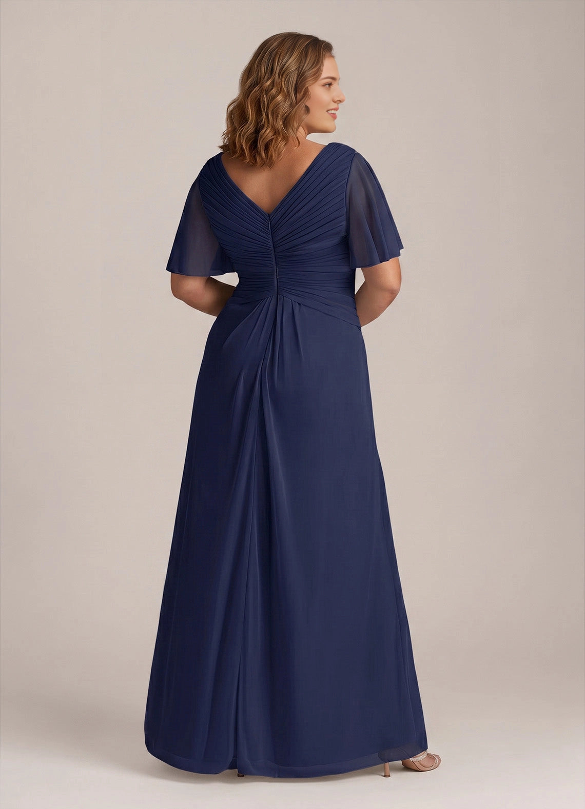 roselledress deep v pleated zipper back navy chiffon plus size formal evening dress
