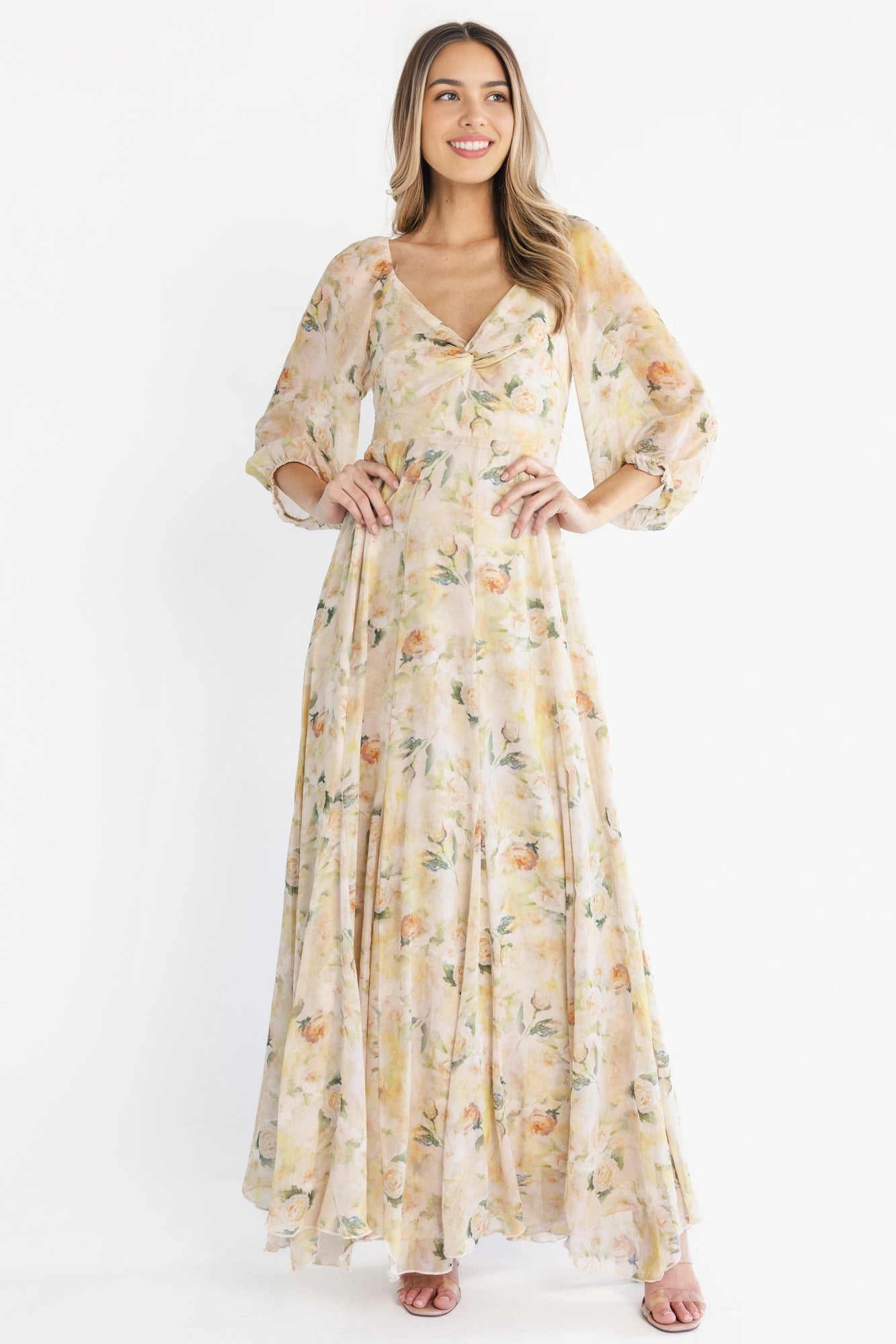 roselledress yellow floral chiffon bridesmaid maxi dress twist v neck puff sleeve garden wedding gown