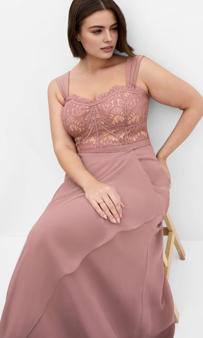 Dusty Rose Lace Chiffon Maxi Plus Size Wedding Guest Dress