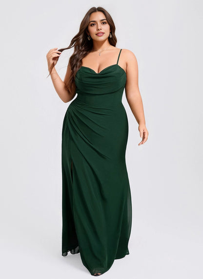 Roselledress Elegant Plus Size Mermaid Cowl Neck Spaghetti Straps Open Back Maxi Weeding Guest Dress