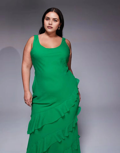 Scoop‑Neck Sleeveless Asymmetrical Ruffle Chiffon Mermaid Maxi Plus Size Wedding Guest Dress